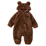 NOLDARES Toddler Baby Boys Girls Fleece Romper Hooded Jumpsuit Winter Clothes Baby Bodysuit One-Piece(Brown,12-18 Months)